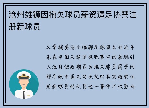 沧州雄狮因拖欠球员薪资遭足协禁注册新球员