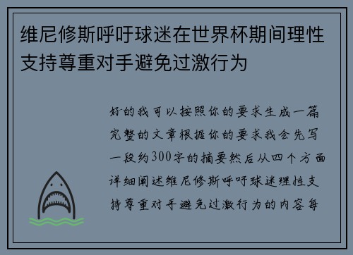 维尼修斯呼吁球迷在世界杯期间理性支持尊重对手避免过激行为